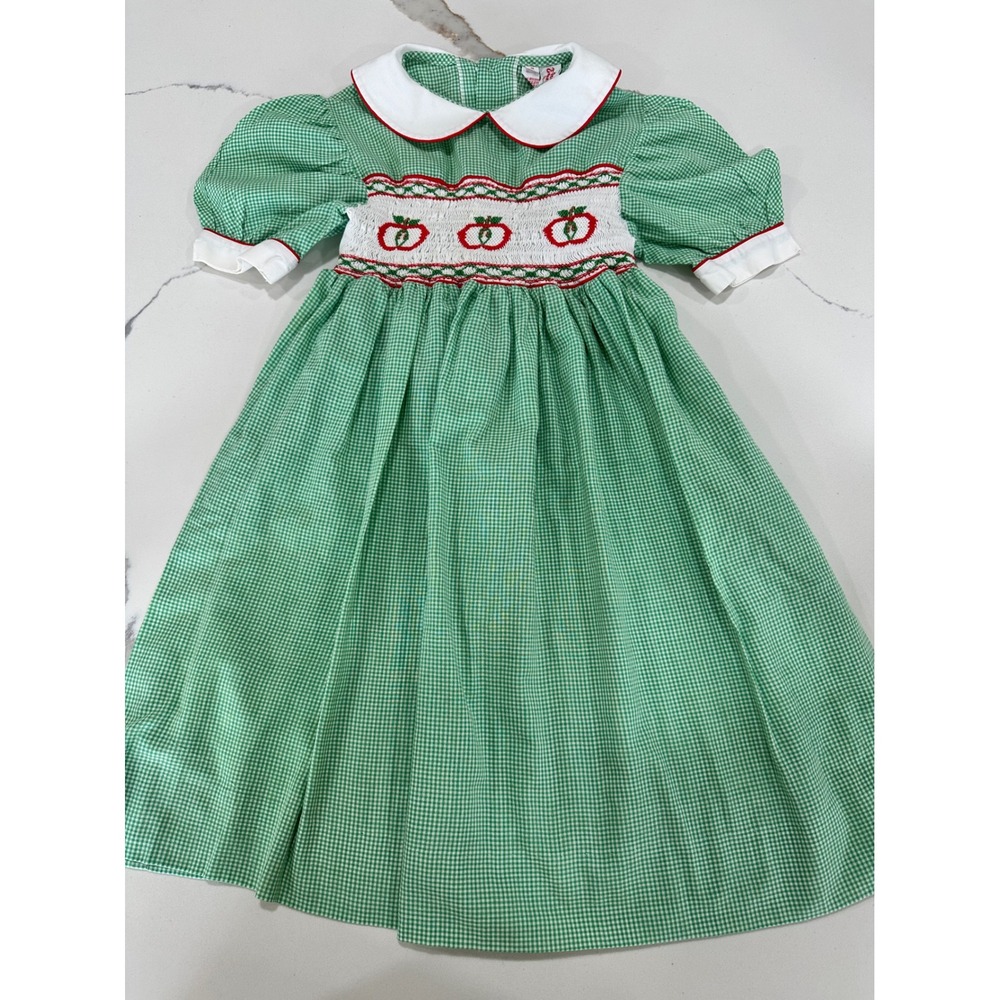 Orient Express Girls Green Gingham Smocked Apple Dress Vintage Style Size 6